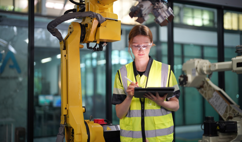 Woman reading a checklist in a factory.