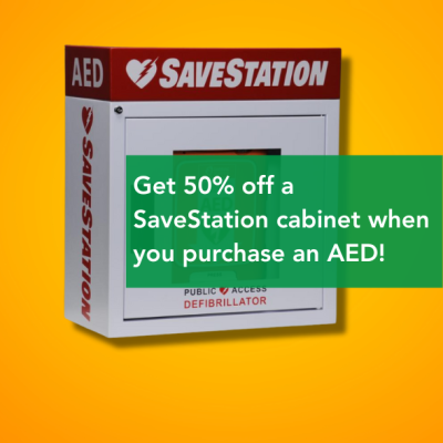 Save 50% off a SaveStation cabinet with the purchase of an AED